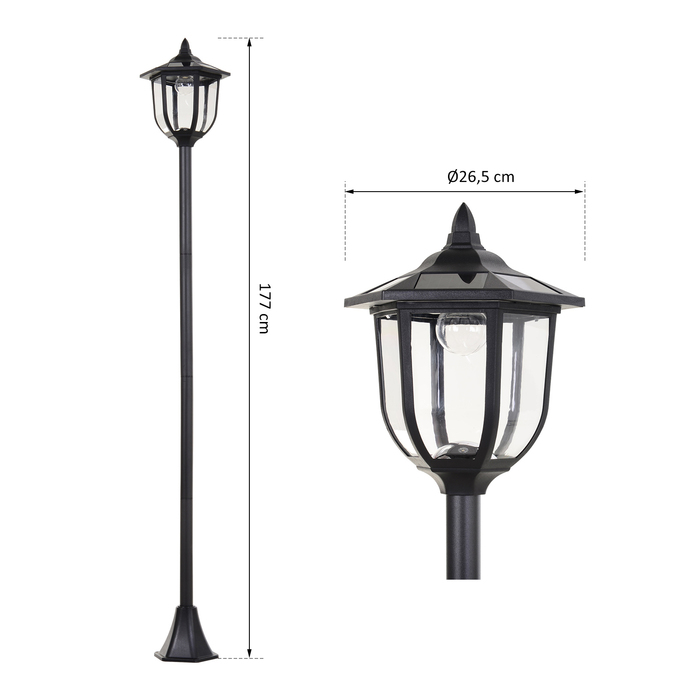 Сонячне освітлення для саду Outsunny – LED ліхтар для саду та тераси, 30/60 люмен, пластик, чорний, Ø26,5 x H177 см. Ідеально підходить для саду та тераси.