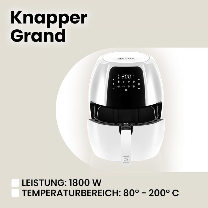 Фритюрниця без олії ZEEGMA KNAPPER GRAND 1700 Вт, 2 відсіки, 9 л, таймер 60 хв, 11 програм, 60-200°C, швидкий нагрів, сенсорне керування, білий колір