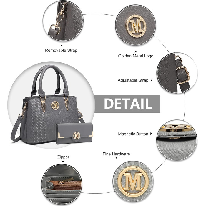 Сумка жіноча Miss Lulu середнього розміру через плече, сіра з личі-текстурою, з гаманцем та внутрішніми кишенями для роботи, відпочинку, повсякденного використання