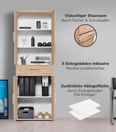 Multipurpose cabinet 60cm wide with drawers 'The Practical', small office cabinet or filing cabinet, also as a shoe cabinet or storage cabinet in 60x90x34 cm (W/H/D) in White (Height 180CM, Sonoma Oak -69)