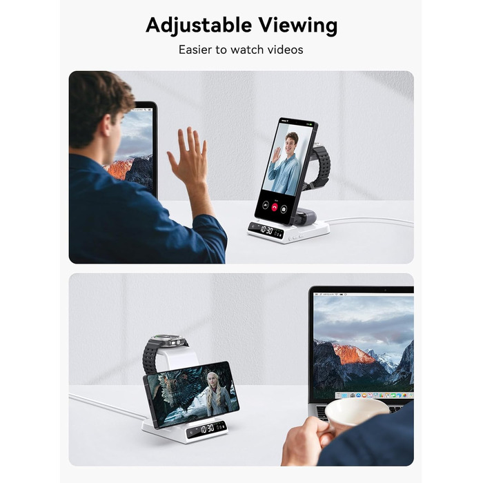 Бездротовий зарядний пристрій 3-в-1 для Samsung Galaxy S25 Ultra, Watch 8/7/Ultra, Buds, з цифровим годинником