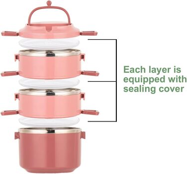SANQIAHOME 3-Tier Stackable Stainless Steel Lunchbox, Leakproof, Pink