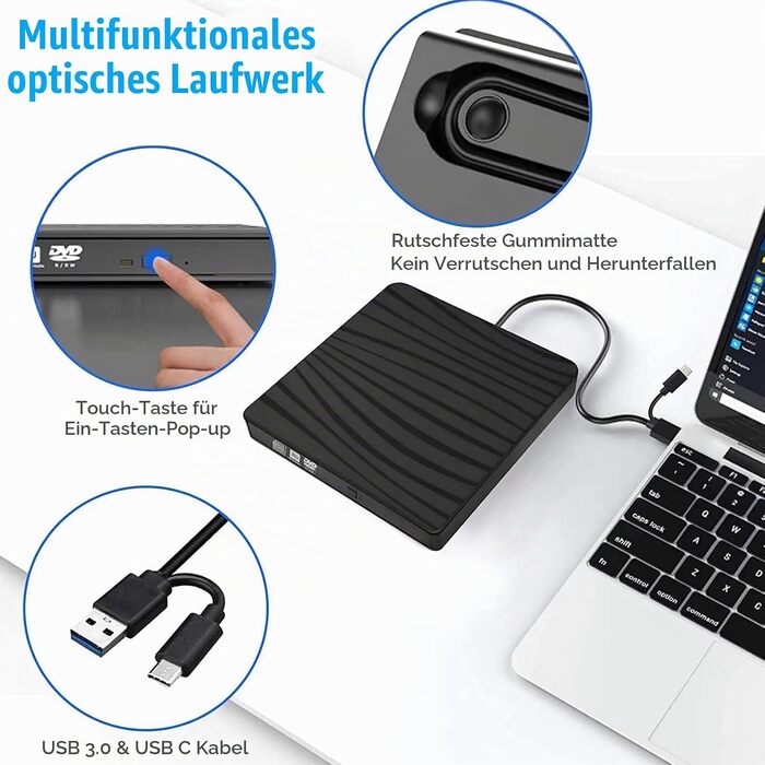 Зовнішній DVD-привід USB 3.0 та Type-C, портативний CD/DVD+/-RW ROM записувач для ноутбука та ПК, сумісний з Windows та Linux
