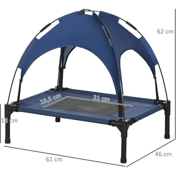 Підвищене собаче ліжко PawHut з балдахіном, для собак, вулиця, дихаючий матеріал, тафта, кемпінг, темно-синій, 61 x 46 x 62 см