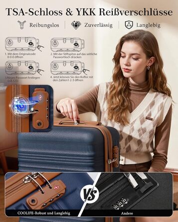 Набір валіз COOLIFE: велика (55x35x20 см) та маленька (40x25x20 см) для ручної поклажі Ryanair & Easyjet, з TSA замком та 4 колесами, ABS, блакитний/коричневий