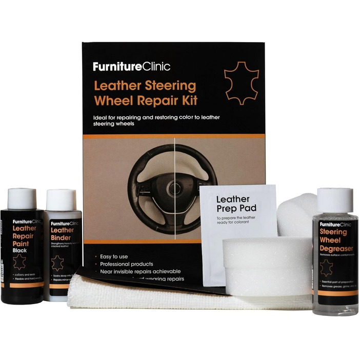 Leather Steering Wheel Repair Kit (black) – removes grease deposits, repairs damage, and restores the color on any worn leather steering wheel.
