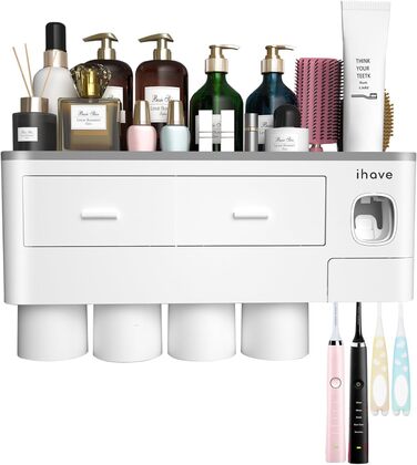 iHave Toothbrush Holder Wall Mounted, 4 Cup Toothbrush Holder with Toothpaste Dispenser - Tray with Large Capacity, 2 Cosmetic Drawers - Bathroom Organizer Storage, White