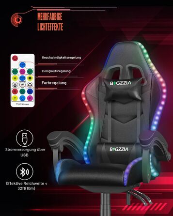 Геймерське крісло Bigzzia з RGB підсвіткою, ергономічне для ПК, з підголівником, чорне