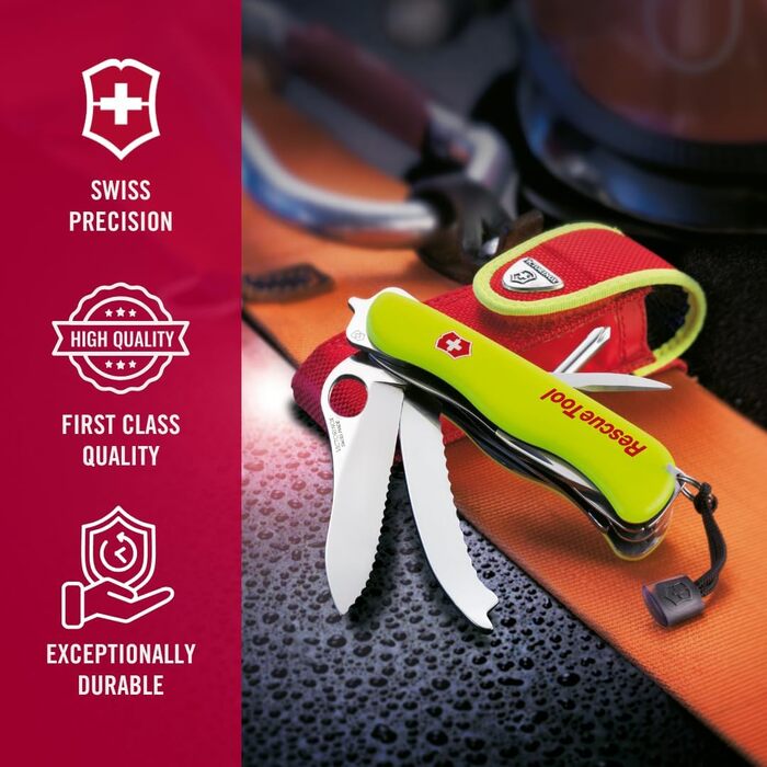 Мультитул Victorinox Rescue Tool MW - пожежний мультиінструмент, 13 функцій, лезо з хвилястим лезом, жовтий, світиться в темряві