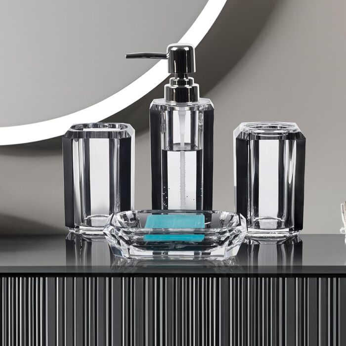 Набір аксесуарів для ванної кімнати з акрилу преміум-класу (4 шт.): диспенсер для миючого засобу, дозатор для лосьйону, мильниця, стакан для ополіскувача, стакан для зубної пасти (чорний, матовий)