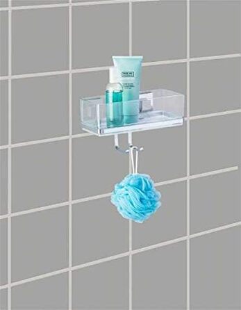 WENKO Vacuum-Loc Bathroom Wall Shelf Quadro with Hooks, 2 Tiers, with Removable Bowl, Mounting without Drilling, Stainless Steel/Plastic, 25.5 x 15 x 14 cm