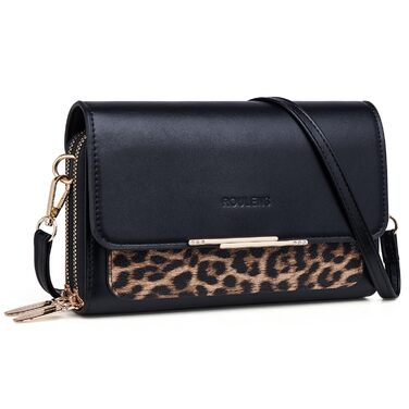 Сумка Roulens Klein через плече для жінок, екошкіра, чорно-леопардовий принт. Невелика крос-боді сумка для телефону, документів та карт. Регульований ремінець.