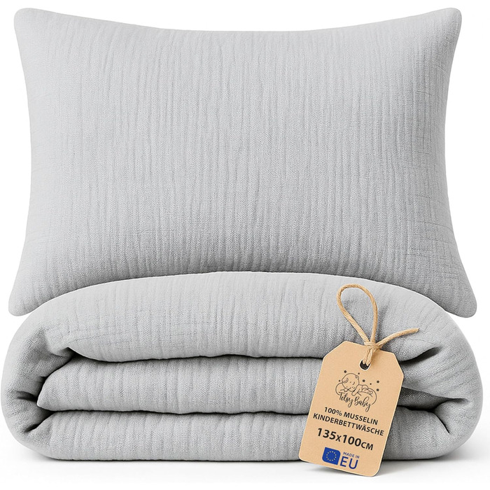 Бетлічна постільна білизна для дитячого ліжечка з мусліну, 100x135 см - комплект з подушкою 40x60 см та ковдрою 100 x 135 см, бавовна, сертифікат Oeko-Tex, сірий колір