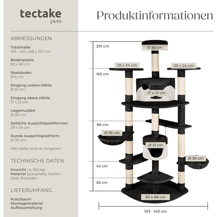 Дерево для котів tectake® велике, з аксесуарами та іграшками, XXL дерево для котів з 2 будиночками, ігровий комплекс з подряпальною колоною, з сизалю - сірий/білий (чорно-білий | № 402185)