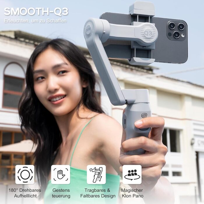 ZHIYUN Smooth Q3: Стабілізатор для смартфона з 3 осями, гімбал для iPhone та Android, зі штативом, вбудованим світлом та зумом, для Vlogging, YouTube та TikTok