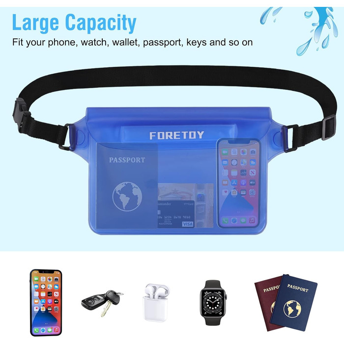 Водонепроникна сумка-чохол на пояс з регульованим ремінцем, IP68, для фото, водного спорту, пляжу, плавання, риболовлі (Чорний + Синій)