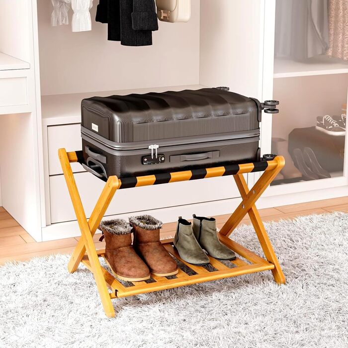 Fully assembled bamboo luggage rack with 5 straps, 2-tier foldable suitcase stand, wide wooden luggage rack, foldable luggage shelves, ideal for guest rooms, bedrooms, hotels