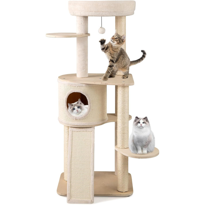 Дерев'яний кігтеточка для котів Costway 151 см з будиночком, гамаком та сизалевими стовпчиками