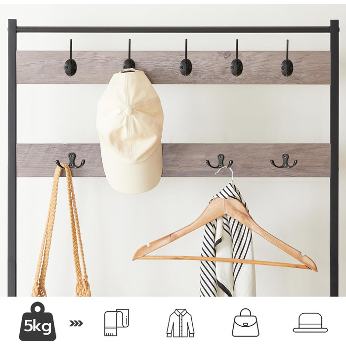 HOOBRO Coat Rack, Shoe Shelf with Coat Rack, Clothes Rack with Shoe Storage, Shoe Cabinet with 5 Shelves, for Entryway, Dark Brown EBF80MT01G2 (Greige + Black)