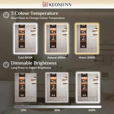 Дзеркало для ванної кімнати Keonjinn з підсвічуванням 60 см, антизапарюючий, з сенсорним вимикачем, пам'ять, 3 кольори світла, регульована яскравість, LED, без рами, прямокутне (90x90 см)