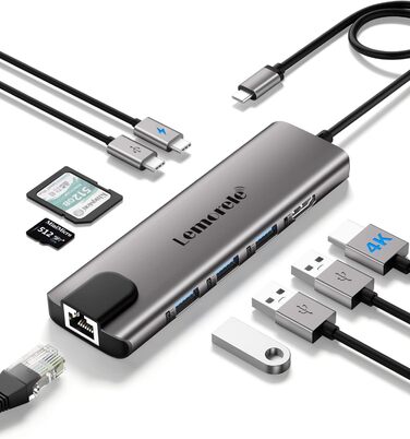 Lemorele USB-C хаб – адаптер USB-C 9 в 1 з алюмінієвим корпусом. Gigabit Ethernet, 4K HDMI, 100W PD, 3 USB-A, USB-C, SD/TF, док-станція для MacBook, iPad, Windows, Switch, Chromecast