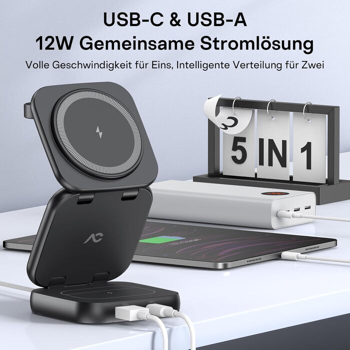 Зарядна станція 5 в 1 для iPhone з підтримкою магнітного зарядного пристрою, складана, для подорожей, бездротовий зарядний пристрій для iPhone 17/16/15/14/13/12, AirPods Pro 3, Apple Watch S11/Ultra (Titan Wüstensand) 2026-Titan Wüstensand (2026-Schwarz)