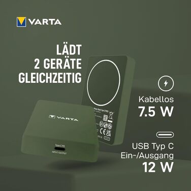 Повербанк VARTA Power Bank Energy 10000 mAh, 20W, USB-C та USB-A, Li-Polymer, з функцією Pass-Through, для 3 пристроїв, LED-індикація, зелений (Mag Pro 5000)