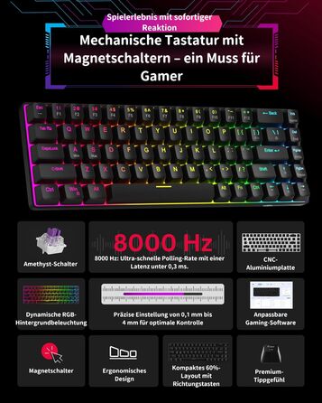 Механічна ігрова клавіатура MageGee MK-Box 68 клавіш (TKL), LED-підсвічування, з червоним перемикачем, для Windows/Mac/Laptop, сіра (Hall Effect)