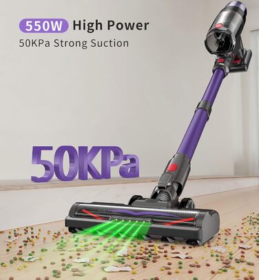 Бездротовий акумуляторний пилосос 550W, потужність 50Kpa, без мішка, з сенсорним екраном, антинамотування, для килимів, твердих поверхонь, авто