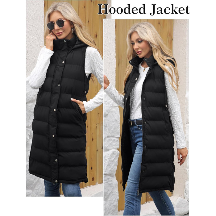 Жіноча зимова жилетка Maeau: тепла, довга, з капюшоном та кишенями (чорний, XXL)