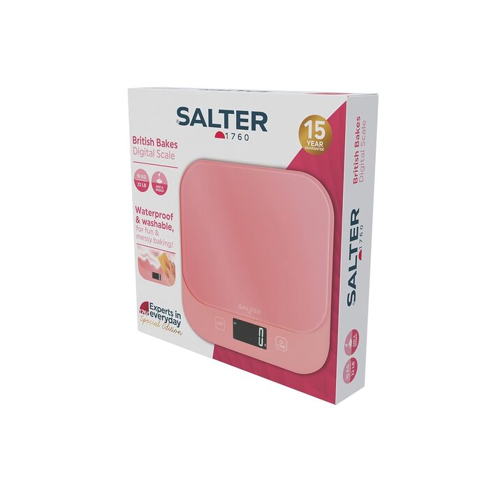 Цифрові кухонні ваги Salter British Bakes до 10 кг, точність 1 г, вологозахисні, з функцією тари та режимом вимірювання рідин, платформа з загартованого скла, рожеві