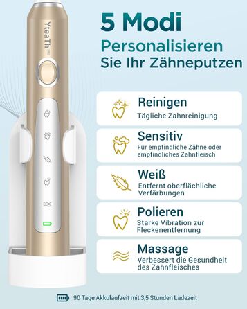 Електрична звукова зубна щітка для дорослих з 8 насадками та кейсом для подорожей, 5 режимів, водонепроникна IPX7, до 90 днів роботи від акумулятора (Золота)