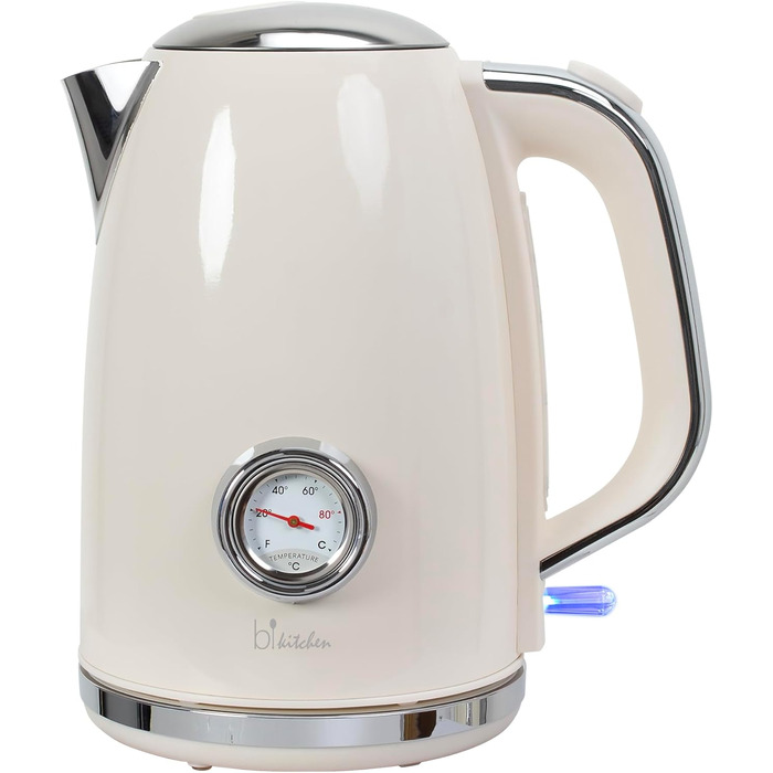 Електричний чайник Retro Style Nostalgia 1.7 л, 1850-2200 Вт, кремовий, з LED-дисплеєм температури та рівня води, бездротовий, автоматичне вимкнення, нержавіюча сталь