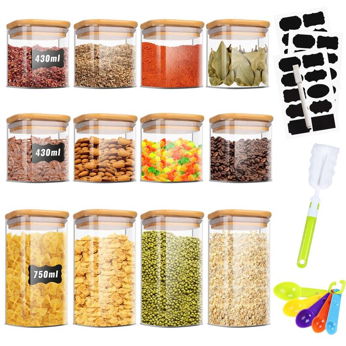 Набір скляних контейнерів для зберігання 12 шт. (750мл/430мл) з кришкою, кутові, для продуктів, кухні