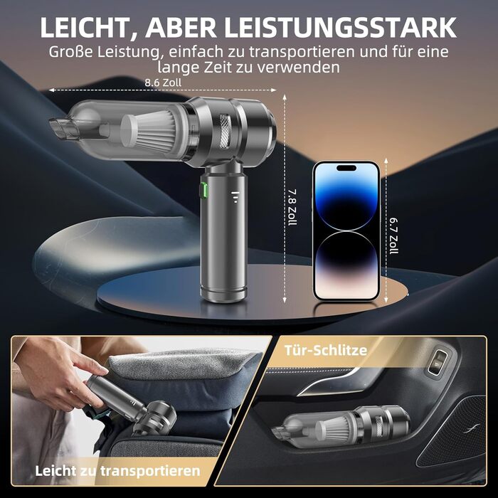 Портативний бездротовий пилосос NVKHG з акумулятором, 26000Pa, 3 швидкості, безщітковий двигун, для дому, авто, офісу, видалення шерсті тварин, срібний