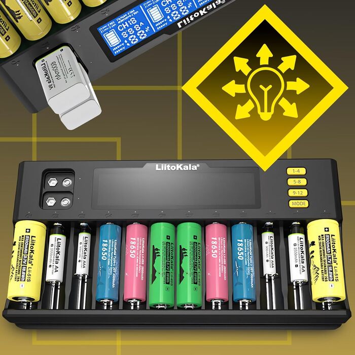 Зарядний пристрій Retoo для акумуляторів AA, AAA, 9V NI-MH/NI-CD, Li-ion 3.70V/3.80V, LiFePO4 3.20V, 12 слотів, швидка зарядка з LCD дисплеєм, чорний