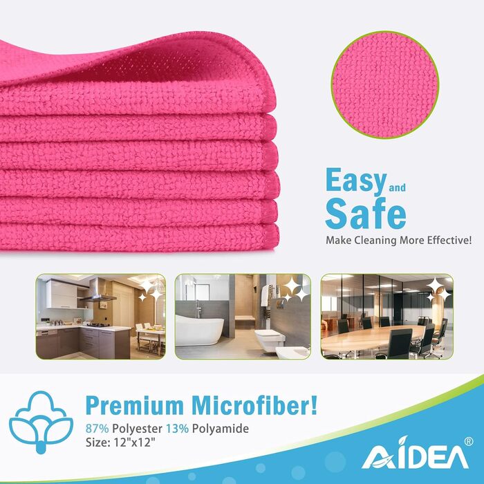 Серветки з мікрофібри AIDEA для прибирання, кухні та авто, м'які та гігроскопічні, без ворсу, 30 x 30 см, рожеві (набір)