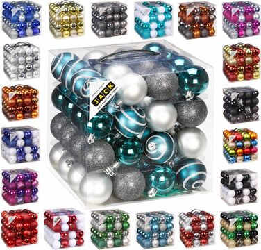 Набір ялинкових кулі 6 см (64 шт.) з пластикової коробки, безпечні, 60 мм, Petrol-silver