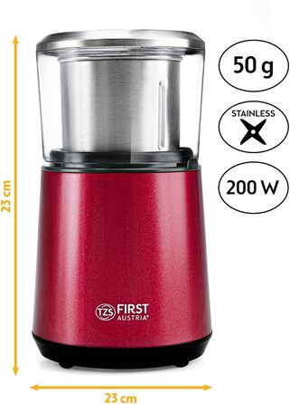 Електрична кавомолка TZS First Austria: 200W, 27 000 об/хв, 4 леза з нержавіючої сталі, 50г контейнер, тиха робота, легке очищення, з кабелем