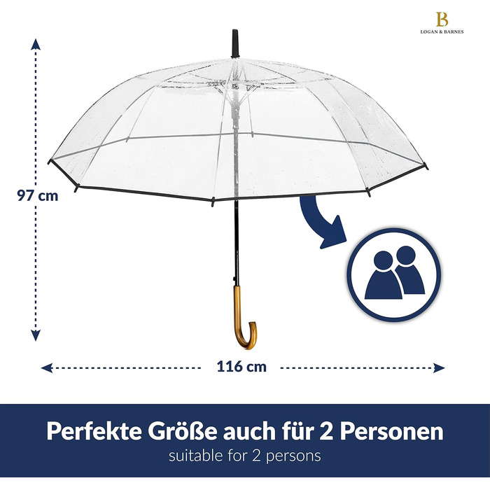 Logan & Barnes Transparent Wedding Umbrella with Real Wood Handle - 120cm Large Umbrella for 2 People - Cardiff XL Model - 120cm Transparent Umbrella with Black Trim