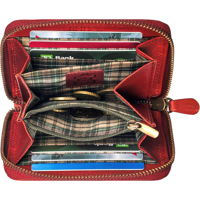 Benthill Wallet Women's Small Genuine Leather | Wallet with RFID Protection | Flat Slim Card Holder with Zipper & 6 Card Slots, Color: Red