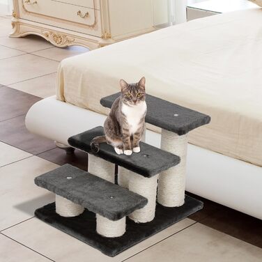 PawHut Pet Stairs 3-Step Cat Stairs Dog Stairs Stairs for Cats and Dogs Plush Dark Grey 45 x 35 x 34 cm