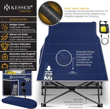 Кемпінгове ліжко KESSER®: складане, портативне, з сумкою та світлом, до 250 кг, міцний метал, оксфорд 600D