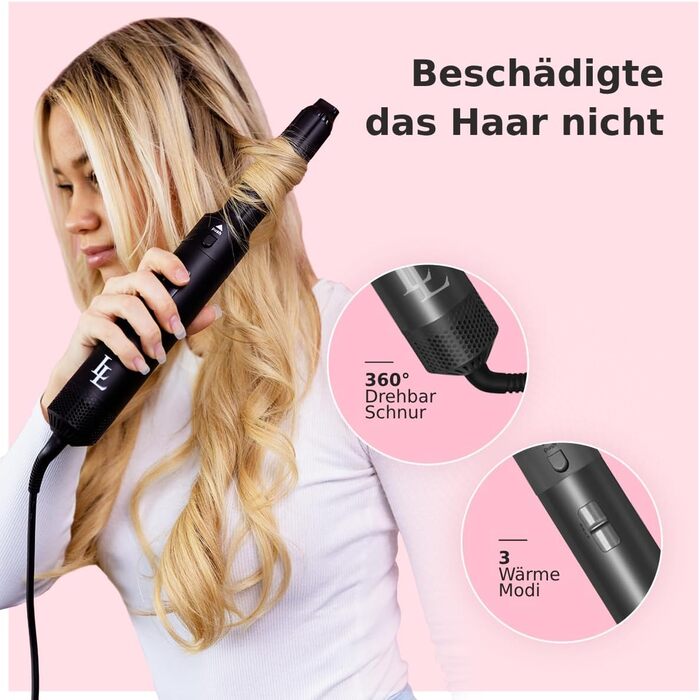 Набір для укладки волосся 5 в 1 Warmluftbürste: фен-щітка, локонова насадка, 3 температурні режими, Auto-Wrap, негативні іони, 1000 Вт, захист від пошкодження волосся (білий/чорний)