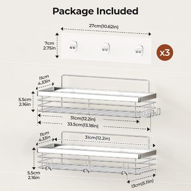 Полка для душу Orimade без свердління з 5 гачками, 2 шт. з нержавіючої сталі, срібло