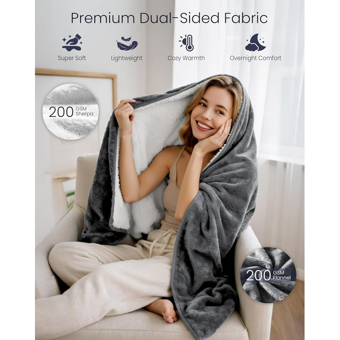 Електрична ковдра AnySun з підігрівом 180x130 см з автовимкненням, 6 режимів нагріву, таймер 10 годин, захист від перегріву, для ліжка, дивану, машинне прання, сіра