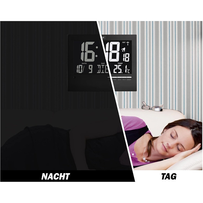 TFA Dostmann Digital Radio Clock with Automatic Backlight, with Indoor Temperature, Date, Day of the Week, Black, 60.4508, L 230 x W 31 (80) x H 185 mm