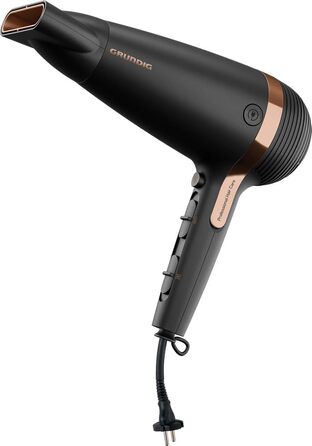 Фен для волосся Grundig Naturashine HD 7081, 2100 Вт, з іонізацією, керамічним покриттям з макадамією та кокосовою олією, автоматичним змотуванням кабелю, чорний/рожеве золото