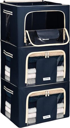 Durable Foldable Clothes Storage Box with Zipper, Metal Frame - [2024 IMPROVED MATERIAL] Duvet Storage Bag – Sturdy Clothes Storage Box (Blue, 3x66L)