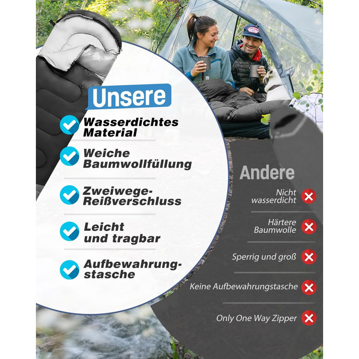 Спальний мішок 3-4 сезони, водонепроникний, ультралегкий, 220*75см (чорний) - для кемпінгу, подорожей, походів